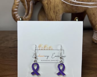 Purple Awareness Ribbon Earrings, Hypoallergenic Stainless Steel Dangle Jewelry