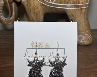 Handmade Highland Cow Dangle Earrings | Hypoallergenic Stainless Steel Farm Animal Jewelry