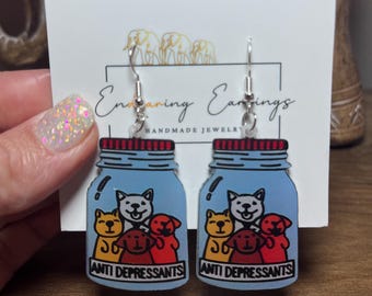 Dog Jar Earrings | "Anti Depressants" Pups, Hypoallergenic Hooks