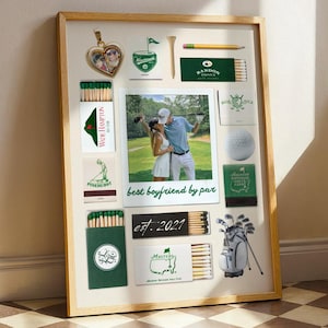 May include: A wooden framed golf-themed collage. It includes a central photograph of a couple, golf accessories, matches, and a golf bag. The text "best boyfriend by par est. 2021" is displayed on the collage.