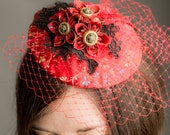 Red Fascinator - red & black fascinator, alternative wedding, vegan wedding, vintage wedding, bridesmaid