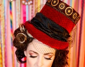 Red Top Hat - steampunk top hat, circus wedding, gothic wedding, steampunk wedding, burning man, red hat, boho wedding, festival wedding