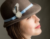 Grey Bowler Hat - handmade bowler hat, vintage bowler hat, jay feather, handmade felt hat, unisex hat, mens bowler hat, womens bowler hat