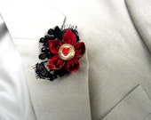 Red & Black Lace Buttonhole - wedding boutonniere, alternative wedding flowers