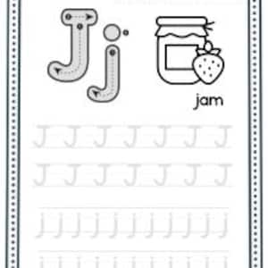 Puede incluir: Hoja de trabajo en blanco y negro para aprender la letra "J". Incluye ejemplos de "J" mayúsculas y minúsculas, líneas de trazado y una ilustración de un tarro de mermelada con una fresa. La palabra "jam" está escrita debajo.