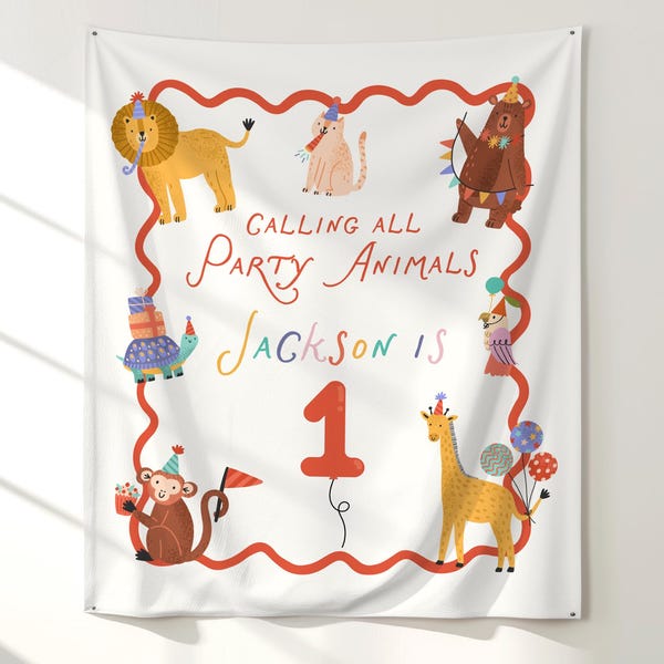 Calling All Party Animals Custom Birthday Banner, First Birthday Animal Party Decor, Retro Whimsical Zoo Theme, Safari Animals Backdrop