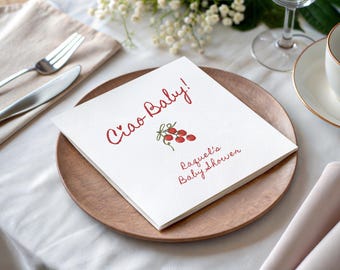 Custom Ciao Baby Napkins, Italian Baby Shower Cocktail Napkins, A Little Tomato Is On the Way, Italian Garden Theme (Pack of 50)