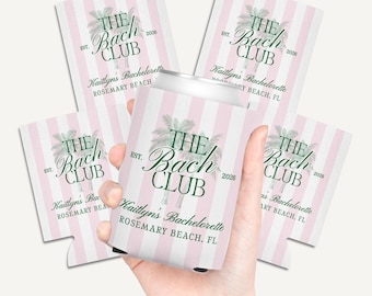The Bach Club Can Cooler, Custom Coastal Bachelorette Party Favors, Pink and Green Palm Tree Bach, Personalized Beach Theme Bach Gifts