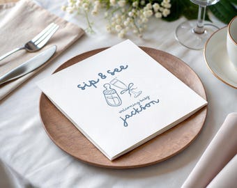 Custom Sip and See Napkins, Personalized Welcome Baby Shower Cocktail Napkins (Pack of 50)