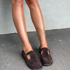 Wide Fit Chocolate Brown Suede Mary Janes for Women, Handmade Dark Academia T-Strap Flats, Genuine Leather Shoes, Comfortable Loafers image 3