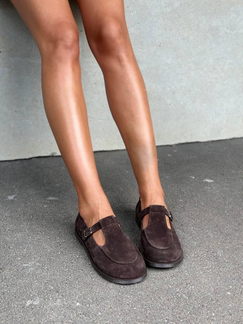 Wide Fit Chocolate Brown Suede Mary Janes for Women, Handmade Dark Academia T-Strap Flats, Genuine Leather Shoes, Comfortable Loafers image 3