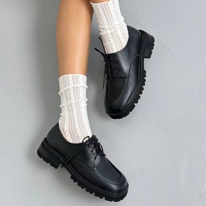 Black Genuine Leather Oxford Shoes, Chunky Platform Derby for Women, Classic Lug Sole Loafers, Comfortable Business Casual Shoes image 13