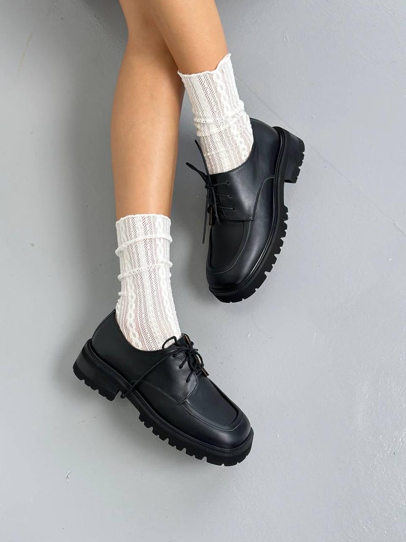 Black Genuine Leather Oxford Shoes, Chunky Platform Derby for Women, Classic Lug Sole Loafers, Comfortable Business Casual Shoes image 13