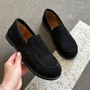 Black Anatomical Penny Loafers, Leather or Suede Barefoot Flats, Wide Toe Box Office Shoes, Handmade Minimalist Women's Walking Shoes