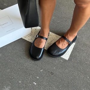 Black Leather Mary Janes, T-strap Flats & Buckle-strap Pumps, Elegant Strap-on Ballet Flats, Handcrafted Classic Bar Shoes for Women