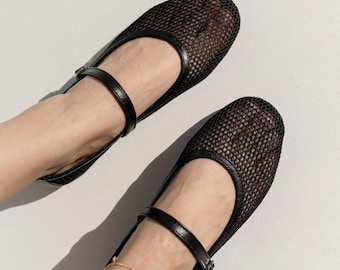 Bailarinas Mary Jane de malla con ribete de cuero, bailarinas transpirables de punta cuadrada, zapatos de verano para mujer en negro, crema y chocolate.