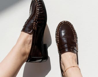 Burgundy Leather Loafers for Women, Penny Loafers, Genuine Leather Flat Shoes, Classic Fall Slip-ons