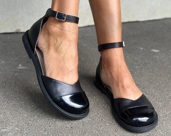 Black Leather Mary Janes with Patent Cap Toe, Handmade Ankle Strap Flats, Elegant Shoes, Chic Minimalist Sandals, Office Occasion Flats