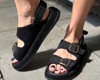 Sandalias de plataforma de gamuza negra para mujer, sandalias con hebilla gruesa, zapatos de verano forrados en piel, calzado de piel suave.