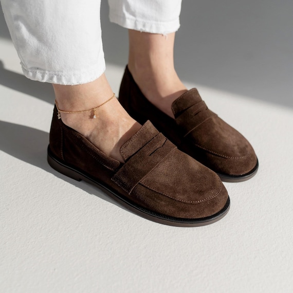 Dark Brown Suede Penny Loafers for Women, Wide Toe Box Barefoot Shoes, Handmade Chocolate Suede Flats, Anatomical Women's Shoes