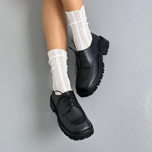 Black Genuine Leather Oxford Shoes, Chunky Platform Derby for Women, Classic Lug Sole Loafers, Comfortable Business Casual Shoes image 6