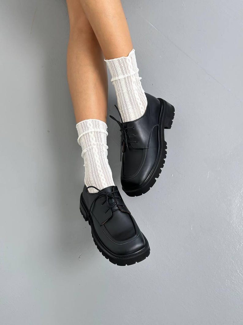 Black Genuine Leather Oxford Shoes, Chunky Platform Derby for Women, Classic Lug Sole Loafers, Comfortable Business Casual Shoes image 6