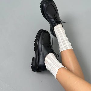 Black Genuine Leather Oxford Shoes, Chunky Platform Derby for Women, Classic Lug Sole Loafers, Comfortable Business Casual Shoes image 14
