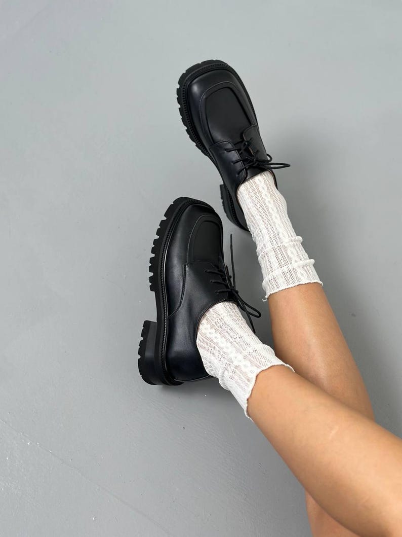 Black Genuine Leather Oxford Shoes, Chunky Platform Derby for Women, Classic Lug Sole Loafers, Comfortable Business Casual Shoes image 14