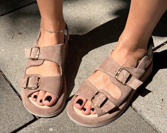 Sandalias de plataforma de gamuza, zapatos de verano para mujer color nude con hebilla, sandalias cómodas con forro de piel.