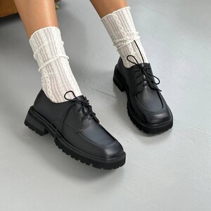 Black Genuine Leather Oxford Shoes, Chunky Platform Derby for Women, Classic Lug Sole Loafers, Comfortable Business Casual Shoes image 10