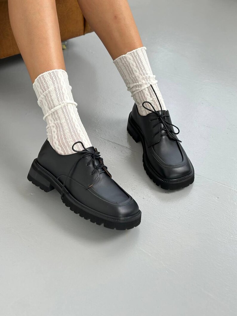 Black Genuine Leather Oxford Shoes, Chunky Platform Derby for Women, Classic Lug Sole Loafers, Comfortable Business Casual Shoes image 10