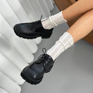 Black Genuine Leather Oxford Shoes, Chunky Platform Derby for Women, Classic Lug Sole Loafers, Comfortable Business Casual Shoes image 5