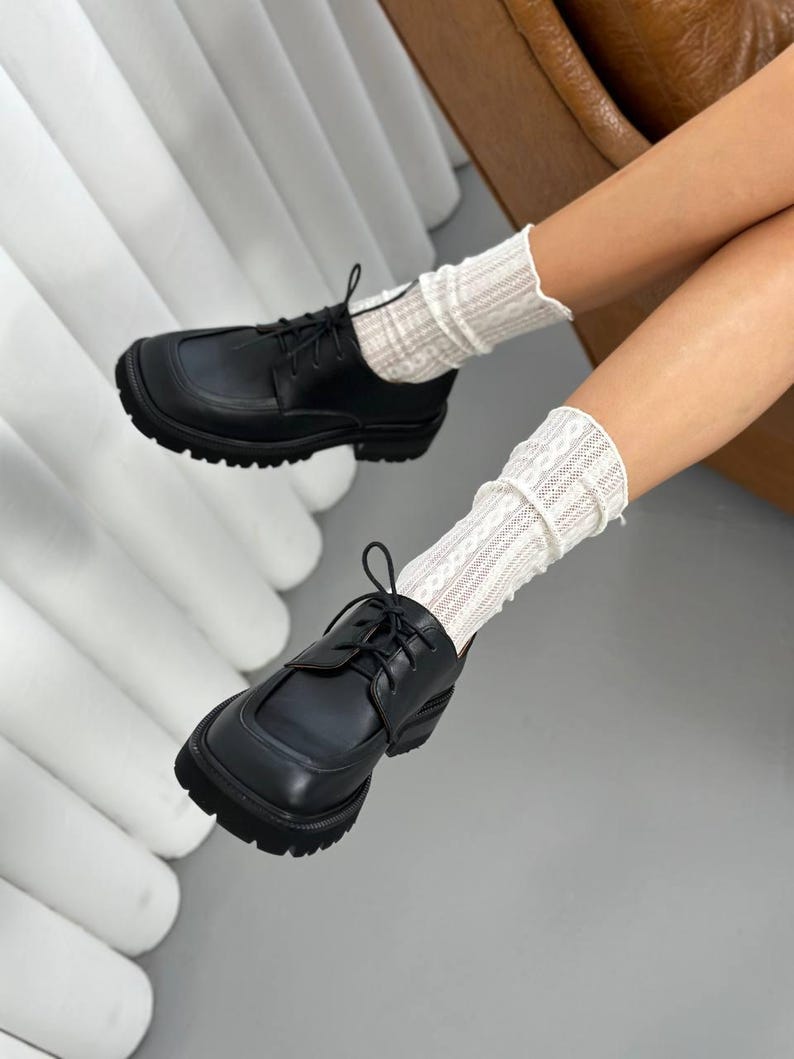 Black Genuine Leather Oxford Shoes, Chunky Platform Derby for Women, Classic Lug Sole Loafers, Comfortable Business Casual Shoes image 5