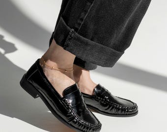 Mocasines de cuero negro para mujer, mocasines Penny de cuero Naplak genuino, zapatos planos negros clásicos hechos a mano, zapatos con estética Dark Academia,