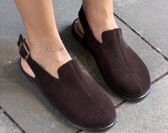 Zapatos de tacón destalonados de ante color chocolate, sandalias cerradas para mujer, bailarinas de verano de ante marrón, mocasines anatómicos en marrón chocolate.