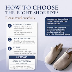 Puede incluir: Gr&aacute;fico informativo sobre c&oacute;mo elegir la talla de zapato correcta. El texto incluye instrucciones sobre c&oacute;mo medir el pie, comprobar el ancho y consejos de ajuste. Las medidas se muestran en cent&iacute;metros y pulgadas. Se muestran dos zapatos de ante beige.
