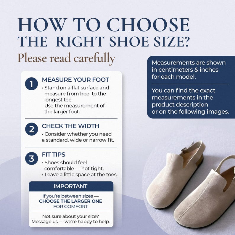 Puede incluir: Gr&aacute;fico informativo sobre c&oacute;mo elegir la talla de zapato correcta. El texto incluye instrucciones sobre c&oacute;mo medir el pie, comprobar el ancho y consejos de ajuste. Las medidas se muestran en cent&iacute;metros y pulgadas. Se muestran dos zapatos de ante beige.