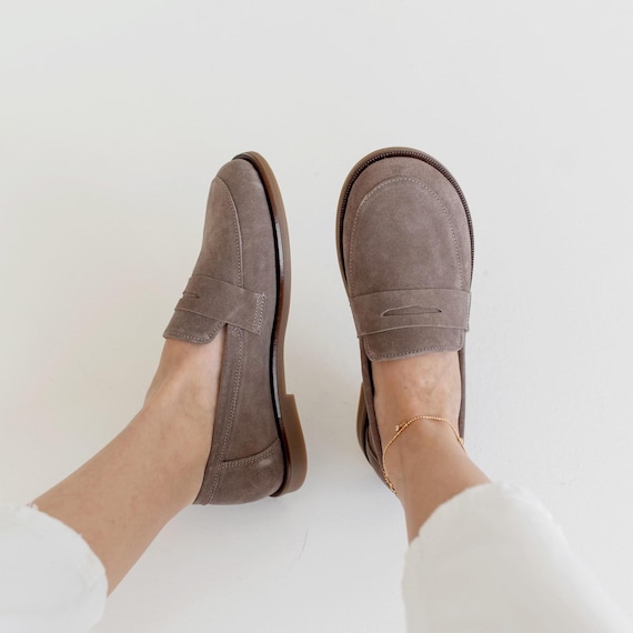 Premium Suede Penny Loafers, Luxury Handmade Women's Loafers, Quiet Luxury Aesthetic Shoes, Chic Neutral Footwear