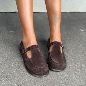 Wide Fit Chocolate Brown Suede Mary Janes for Women, Handmade Dark Academia T-Strap Flats, Genuine Leather Shoes, Comfortable Loafers image 16