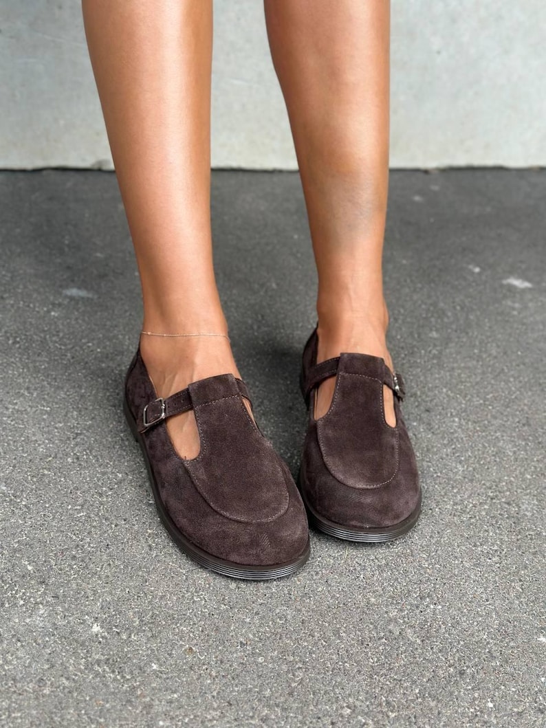 Wide Fit Chocolate Brown Suede Mary Janes for Women, Handmade Dark Academia T-Strap Flats, Genuine Leather Shoes, Comfortable Loafers image 16