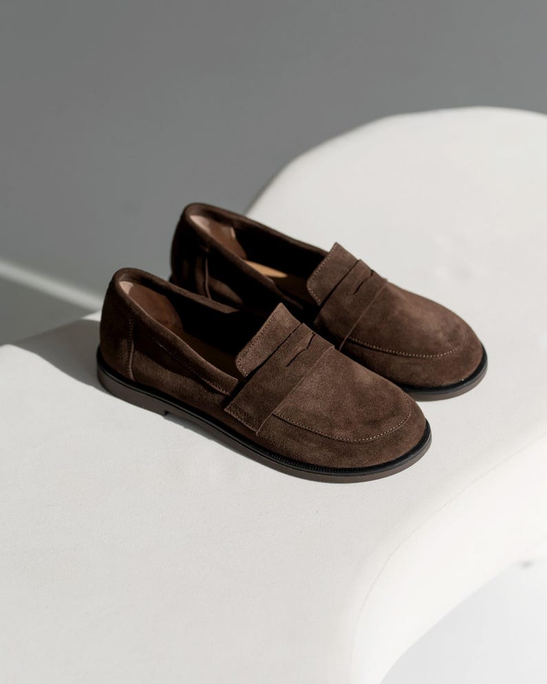 Dark Brown Suede Penny Loafers for Women, Wide Toe Box Barefoot Shoes, Handmade Chocolate Suede Flats, Anatomical Women's Shoes image 10