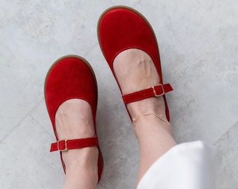 Wide Width Red Flats, Anatomical Suede Ballerinas, Wide Fit Shoes for Women, Comfortable Square Toe Flats, Red Soft Walking Shoes