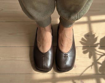 Comfortable Chocolate Brown Leather Ballet Flats, Genuine Leather Slip On Shoes, Minimalist Office Footwear