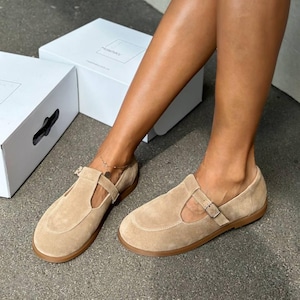 Wide Fit Chocolate Brown Suede Mary Janes for Women, Handmade Dark Academia T-Strap Flats, Genuine Leather Shoes, Comfortable Loafers Classic Nude
