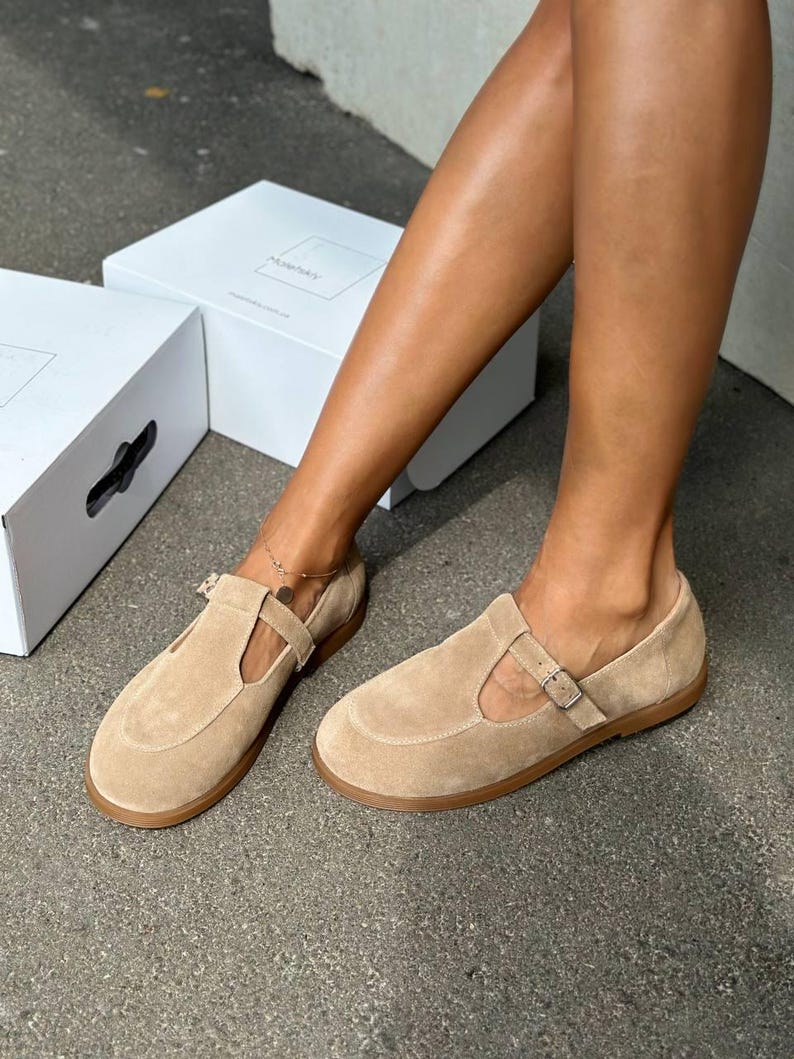 Wide Fit Chocolate Brown Suede Mary Janes for Women, Handmade Dark Academia T-Strap Flats, Genuine Leather Shoes, Comfortable Loafers Classic Nude