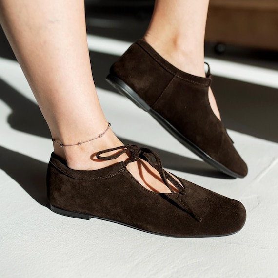 Anatomical Mary Jane Flats Women, Wide Toe Box Suede Shoes, Barefoot Style Ballet Flats, Comfortable Walking Shoes Lace Up Pointed Toe Flats