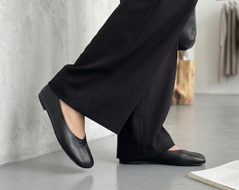 Comfortable Office Shoes, Genuine Leather Slip On Shoes, Minimalist Flats, Black Ballet Flats Women
