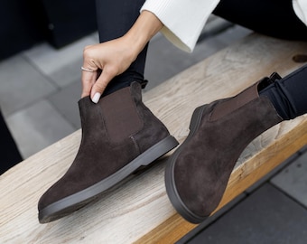 Women's Brown Suede Chelsea Boots, Handmade Fall Ankle Booties, Wide Toe Box Walking Shoes, Flannel Lined Casual Everyday Flat Footwear