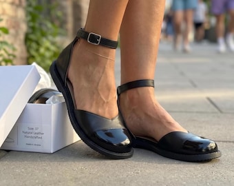 Classic Black Mary Janes • Chic Leather Ballet Flats • French Girl Aesthetic • Handmade Summer Shoes • Minimalist T-Strap Flats