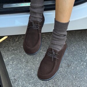 Wide Fit Suede Oxford Shoes, Chocolate Brown Lace-up Flats, Handmade Leather Lined Loafers, Comfortable Women's Demi-Season Walking Shoes